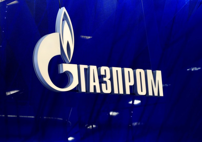 FILE PHOTO: The logo of Gazprom company is seen at the St. Petersburg International Economic Forum (SPIEF) in Saint Petersburg, Russia, June 2, 2021. REUTERS/Evgenia Novozhenina//File Photo