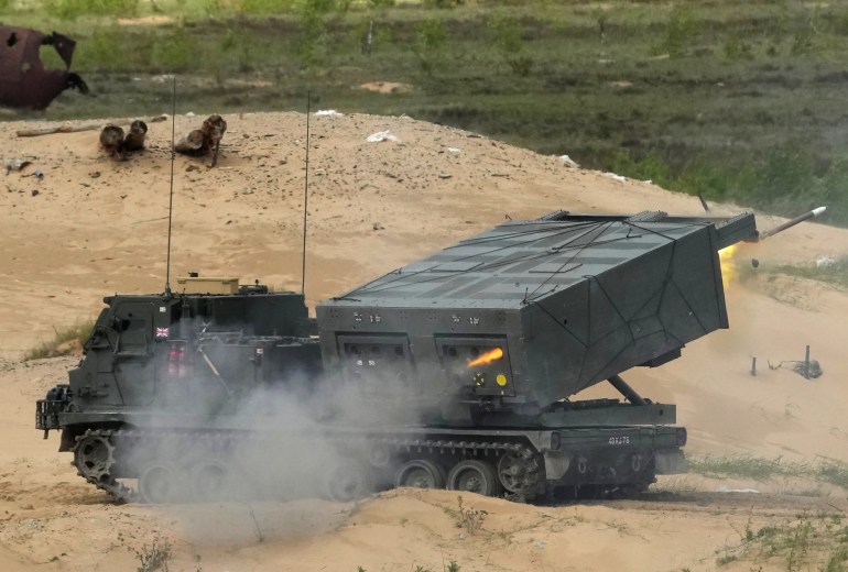 The British army's M270 Multiple Launch Rocket System (MLRS) fires during Summer Shield 2022 military exercise in Adazi military base, Latvia