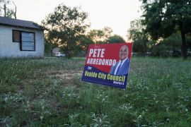 A political sign for Pete Arredondo, the Uvalde School District police chief