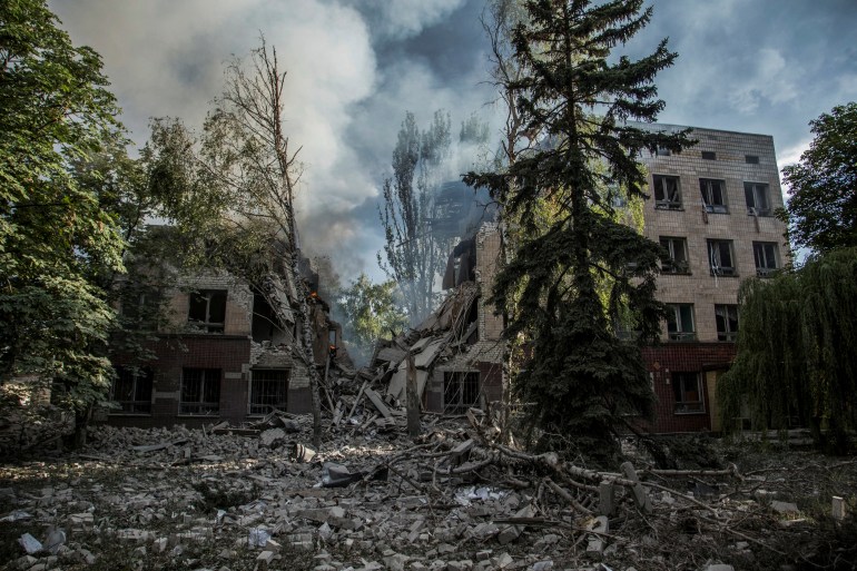 damaged residential buildings are seen in Lysychansk