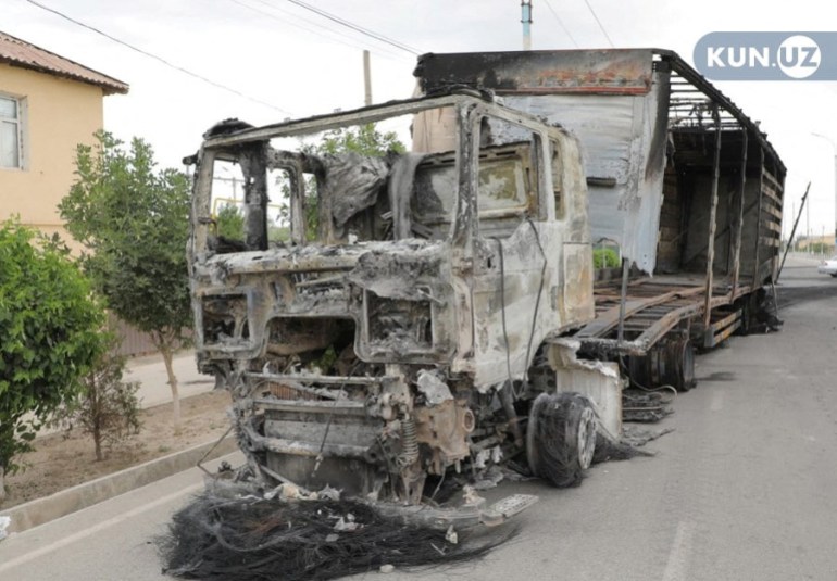 A view shows a truck which was burnt during protests in Nukus, capital of the northwestern Karakalpakstan region