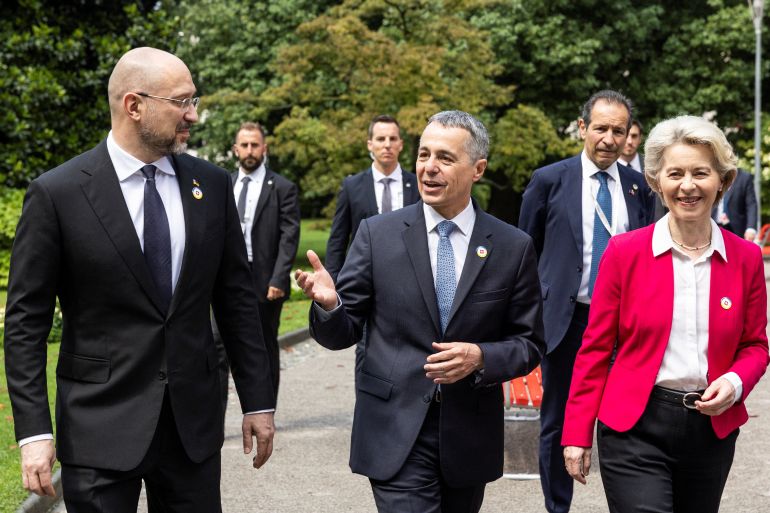 Swiss President Ignazio Cassis, European Commission President Ursula von der Leyen and Ukrainian Prime Minister Denys Shmyhal take a walk during the Ukraine Recovery Conference in Lugano, Switzerland, July 4, 2022