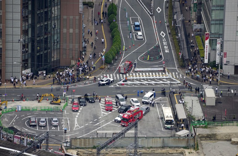 An aerial view shows the site after former Japanese prime minister Shinzo Abe was apparently shot