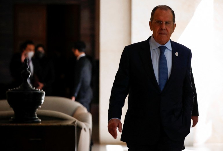 Russian Foreign Minister Sergei Lavrov arrives for a bilateral meeting at the G20 Foreign Ministers' Meeting in Nusa Dua, Bali, Indonesia