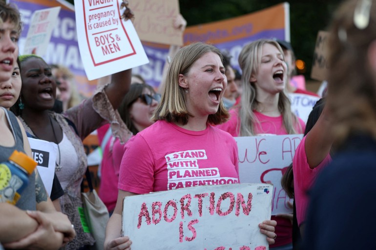 Protesters chant in favour of abortion rights in the US