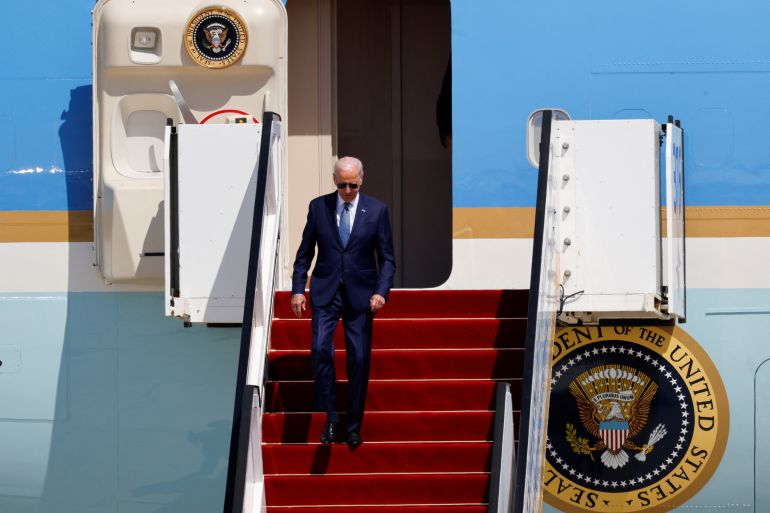 U.S. President Joe Biden descends from Air Force One