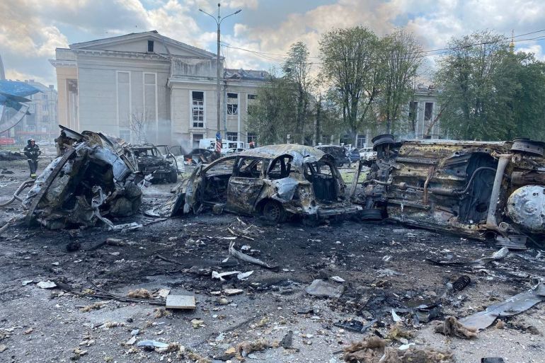 Destroyed vehicles are seen at the site of a Russian military strike, as Russia's attack on Ukraine continues, in Vinnytsia, Ukraine July 14, 2022. Press service of the State Emergency Service of Ukraine/Handout via REUTERS ATTENTION EDITORS - THIS IMAGE HAS BEEN SUPPLIED BY A THIRD PARTY.