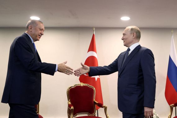 Turkish President Tayyip Erdogan meets with his Russian counterpart Vladimir Putin in Tehran, Iran July 19, 2022
