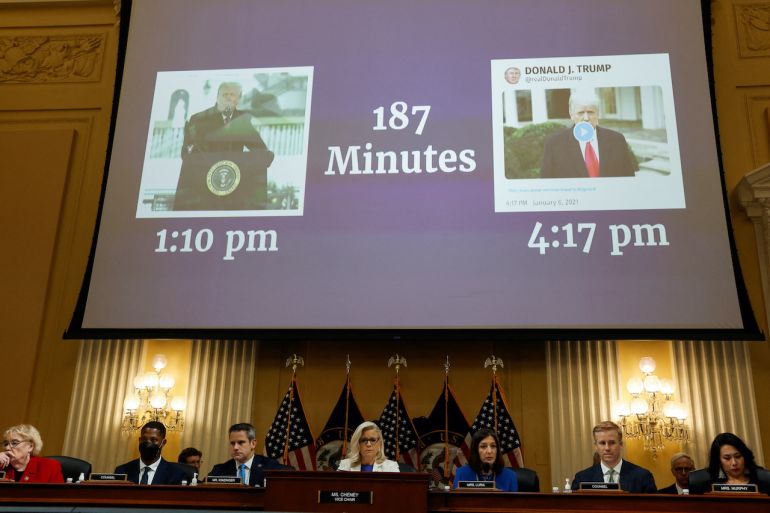 January 6 hearing with a timeline on the screen overhead.