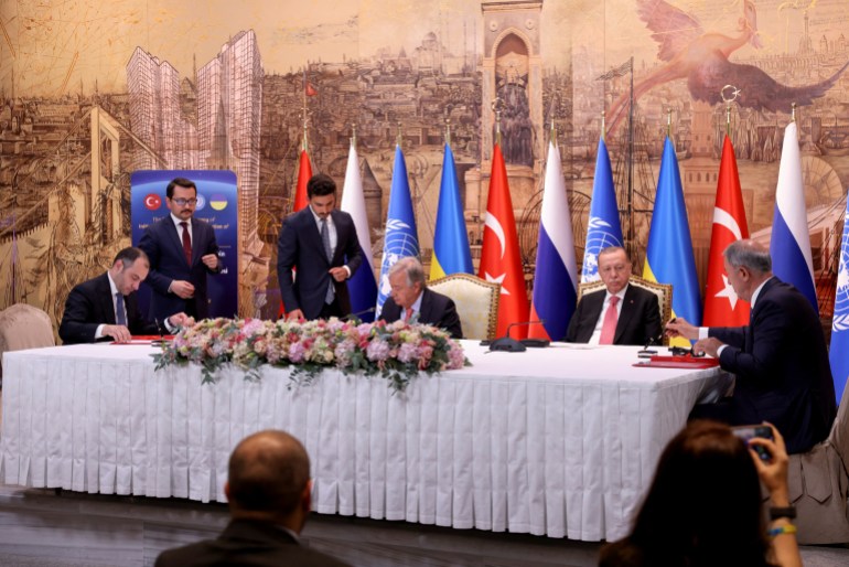 The parties to the grain deal are seen at a signing ceremony for the agreement in Istanbul
