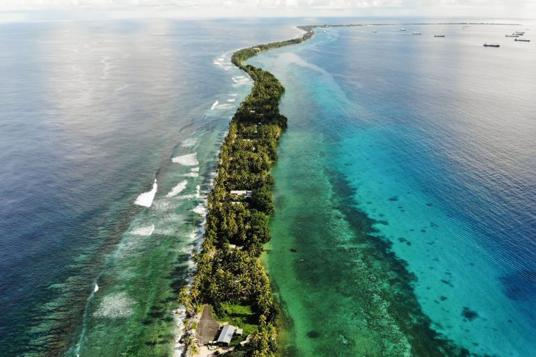 A strip of land between a lagoon and the Pacific Ocean in Tuvalu.