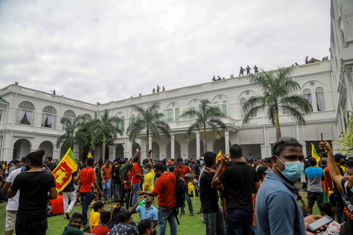 Protesters gather inside the premises of Sri Lankan presidents