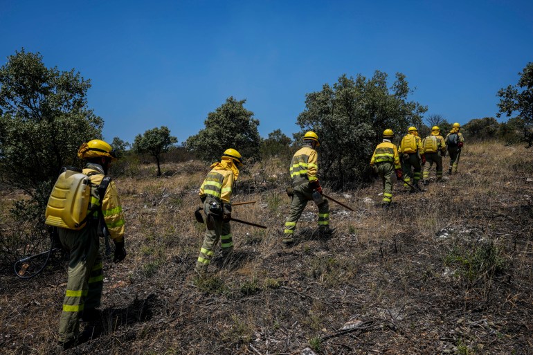 Firefighters work at the scene of a wildfire