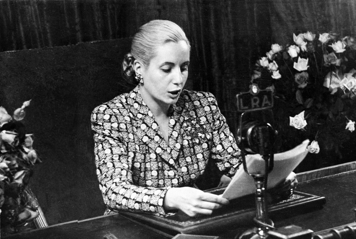 Eva Peron, wife of the Argentine president, makes a world broadcast in support of her Old Age Charter in Buenos Aires, Argentina, in Nov. 1948. The charter was presented to the United Nations by the Argentine Foreign Minister a few days prior. (AP Photo)
