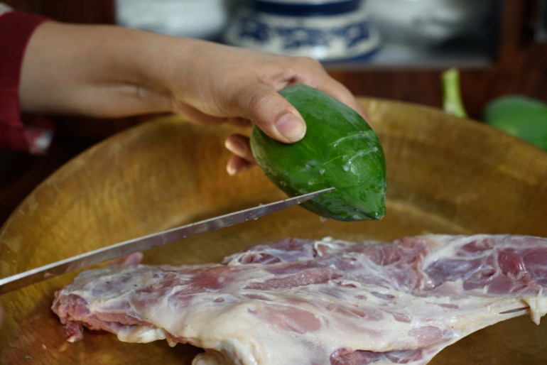 A hand holds green papaya over a raw leg of mutton, scoring the papaya with a knife to let its milk drip on the meat