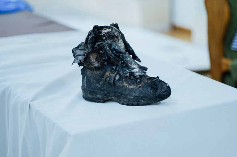 Exhibition Russian boot: the National Museum of the History of Ukraine is now exhibiting objects found in liberated areas around Kyiv, including the charred remains of a Russian soldier’s boot.