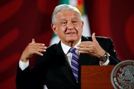 Mexican President Andres Manuel Lopez Obrador gestures during a news conference after nearly 92% of voters backed him to stay in office in a recall election with a low turnout, according to results from Mexico's electoral institute, at the National Palace in Mexico City, Mexico.