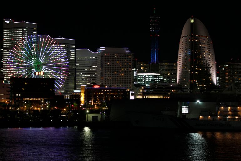The night-time skyline of Yokohama, Japan.