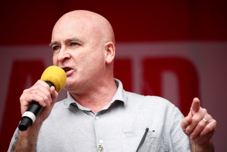 Mick Lynch, Secretary-General of the National Union of Rail, Maritime and Transport Workers speaks at a trades union organised protest march