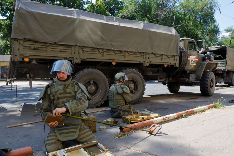 Combat engineers of pro-Russian troops demine explosives in Donetsk