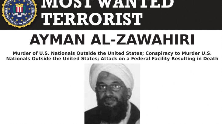 Al Qaeda leader Ayman al-Zawahiri in an FBI Most Wanted poster