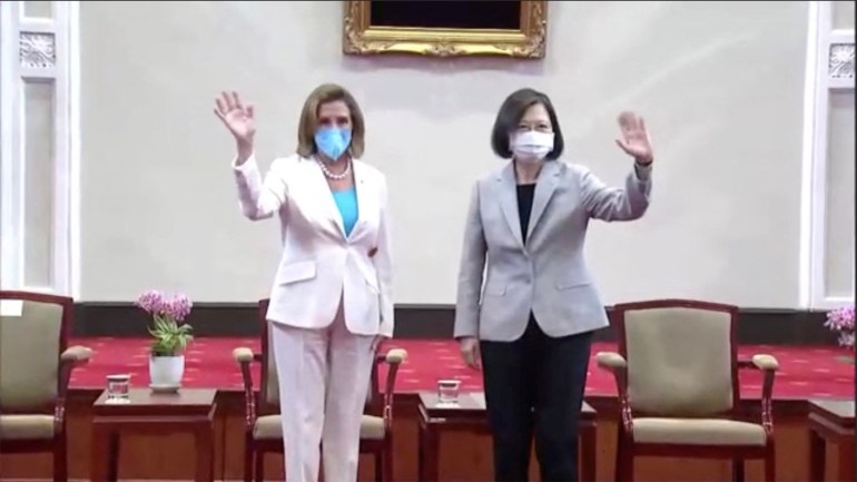 Nancy Pelosi attends a meeting with Taiwan President Tsai Ing-wen at the presidential office in Taipei, Taiwan.