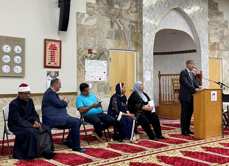 Albuquerque Mayor Tim Keller speaks to an interfaith memorial ceremony at the New Mexico Islamic Center in Alburquerque, New Mexico.