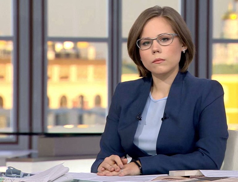 Journalist and political expert Darya Dugina, daughter of Russian politologist Alexander Dugin, is pictured in the Tsargrad TV studio in Moscow, Russia.