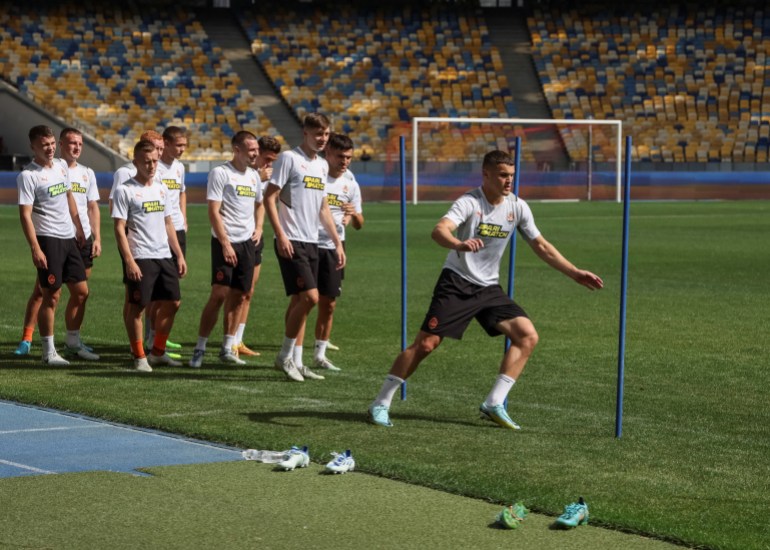 Shakhtar Donetsk's players train at the NSC Olimpiyskiy stadium before the first soccer match of the Ukrainian Premier League