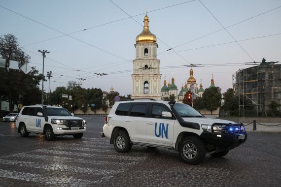 UN vehicles with members of the International Atomic Energy Agency mission in central Kyiv, Ukraine.