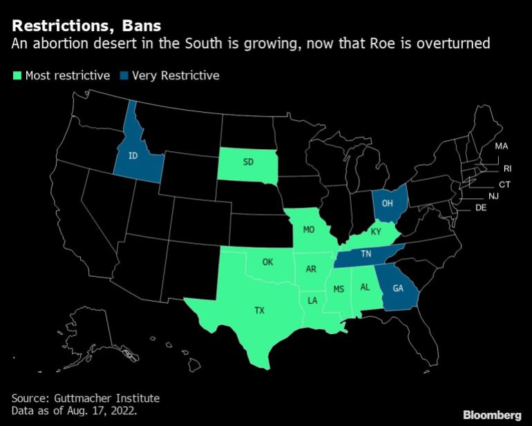map of where abortions are restricted in US