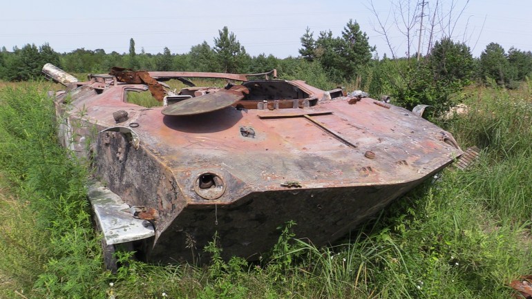 A Russian armored vehicle outside Bucha