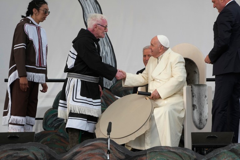 Pope Francis meets young people and elders at Nakasuk Elementary School Square in Iqaluit, Canada, Friday, July 29, 2022.