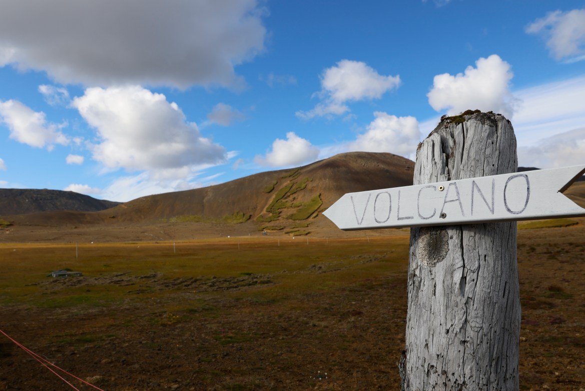 A sign points the way to Fagradalsfjall volcano in Iceland