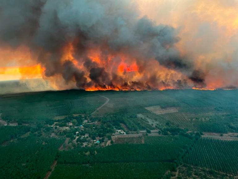 flames consume trees at a forest fire in Saint Magne, France