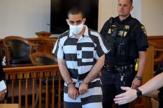 Hadi Matar, 24, center, arrives for an arraignment in the Chautauqua County Courthouse in Mayville