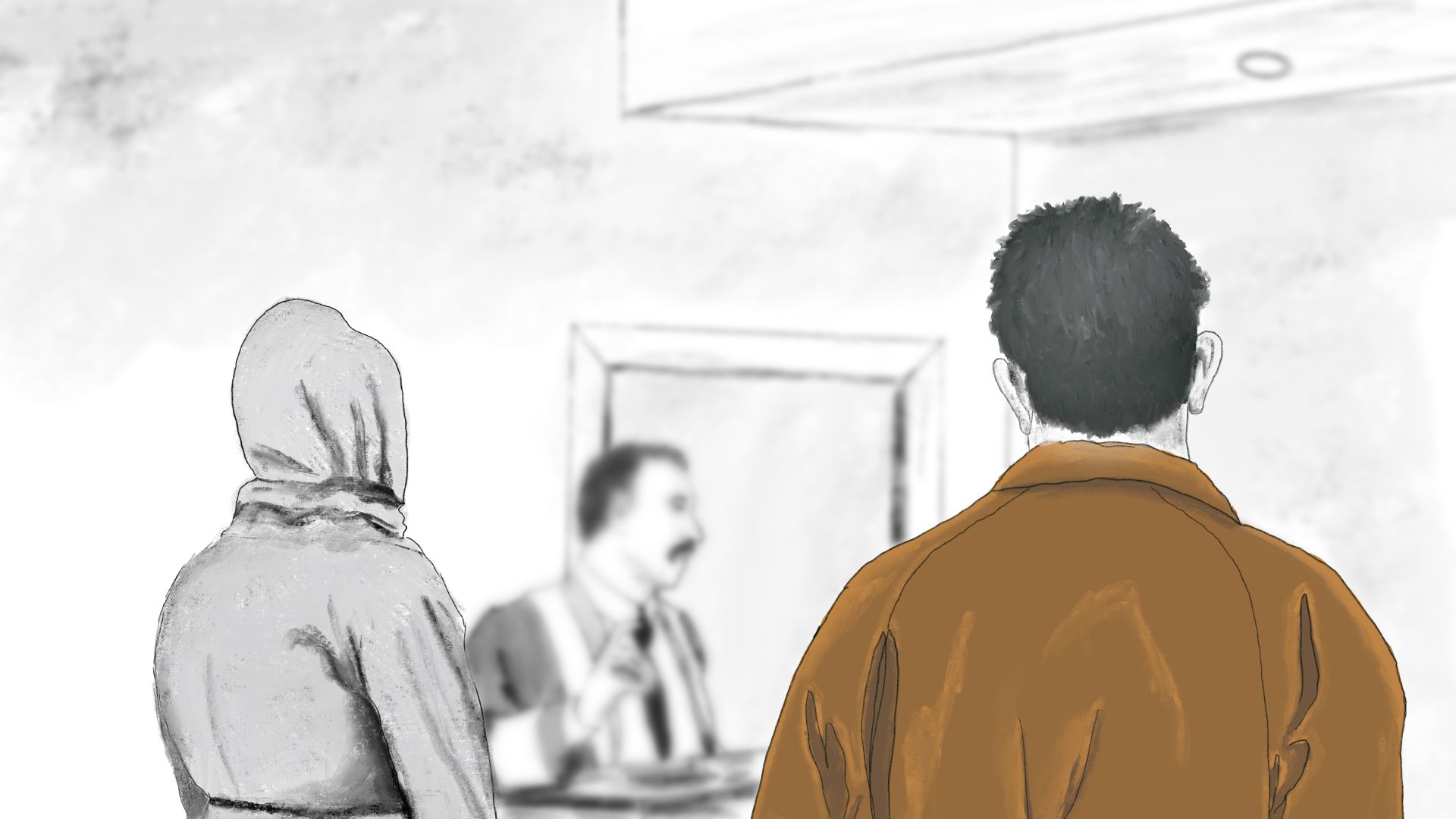 An illustration of a courtroom with a man and a woman standing next to each other and a judge in front.