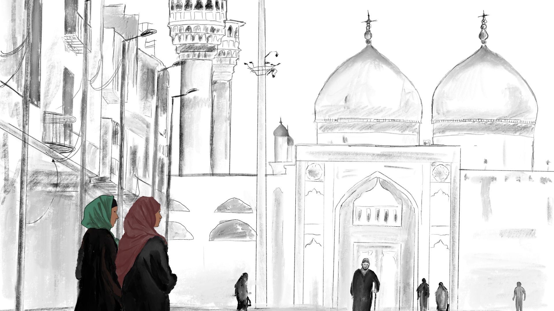 An illustration of two women walking into a mosque.
