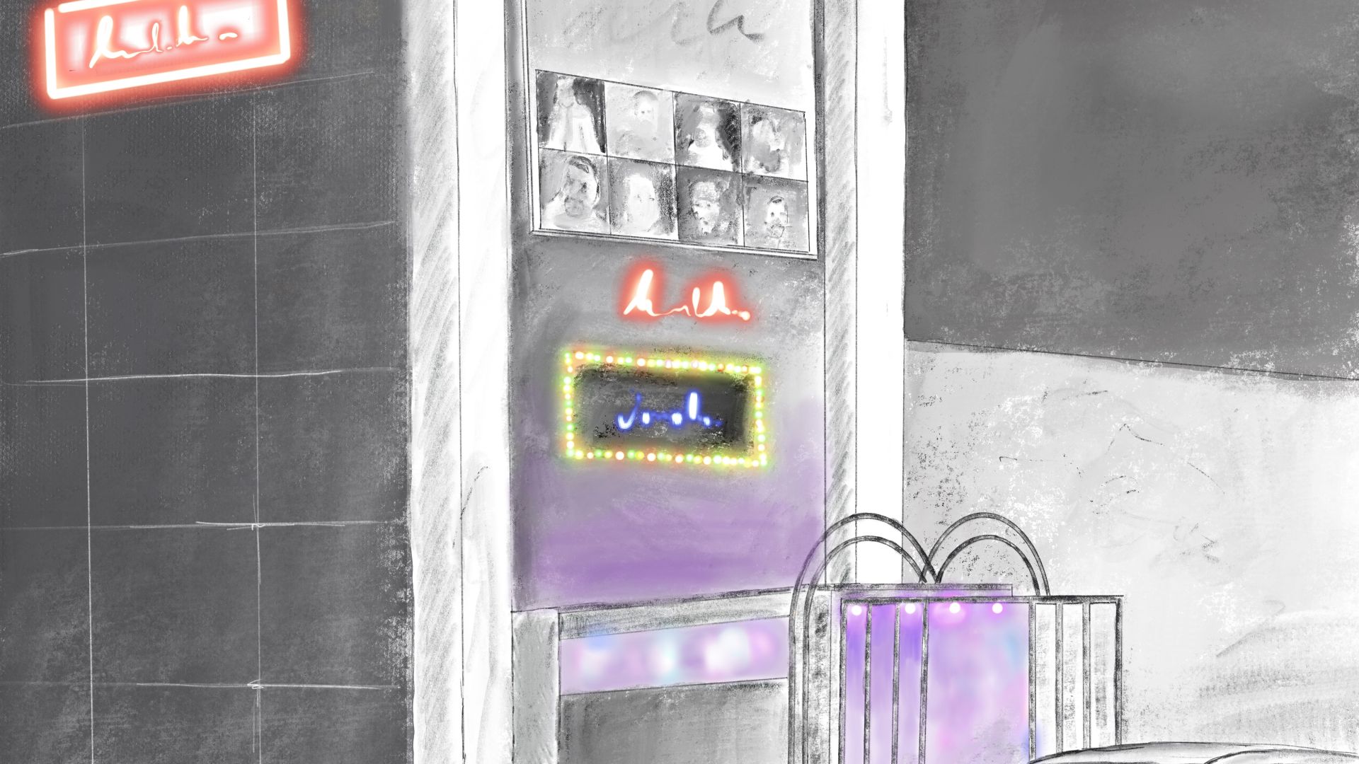 An illustration of the outside of a nightclub.