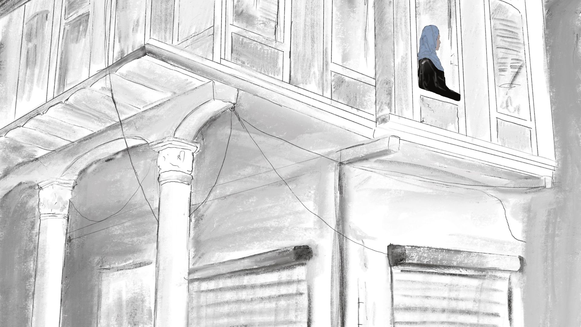 An illustration of a building with a woman looking looking outside on a second floor window.