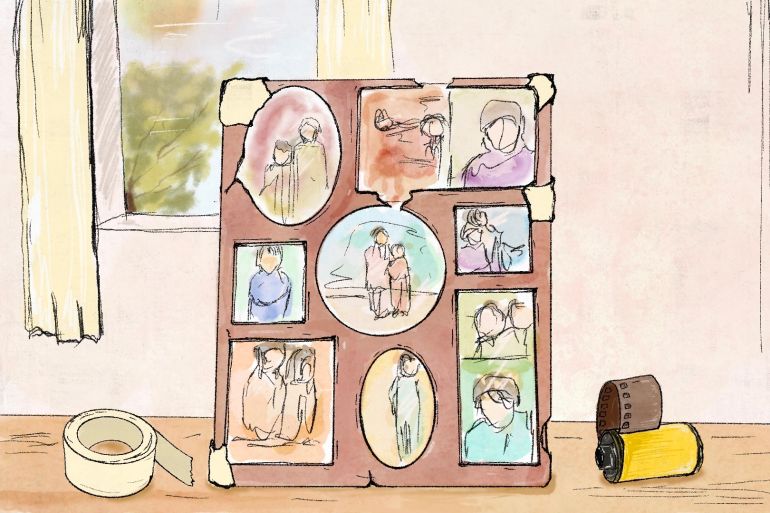 A drawing of a picture frame with family photos