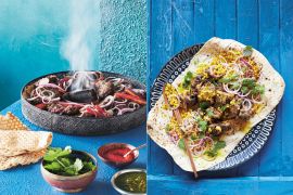 Composite photo showing two kebab dishes with naan. One is separate with chutneys on the side, the other is iled on top of the naan on a plate