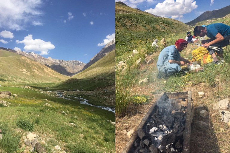 Composite photo with green hills on the left, and a a group on men setting up a charcoal grill for a picnic on the right