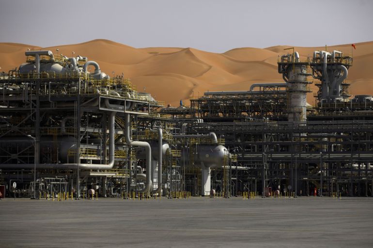 Processing equipment operates at the Natural Gas Liquids facility at Saudi Aramco's Shaybah oilfield