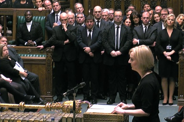 Britain's Prime Minister Liz Truss leads tributes in the House of Commons