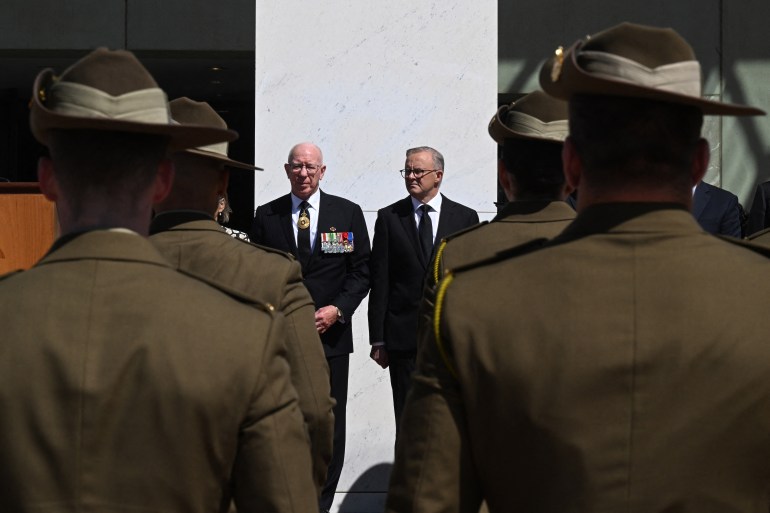 Australia's Prime Minister Anthony Albanese (R) and Governor-General David Hurley (L) attend a Proclamation of Accession ceremony for Britain's King Charles III at Parliament House in Canberra on September 11, 2022.