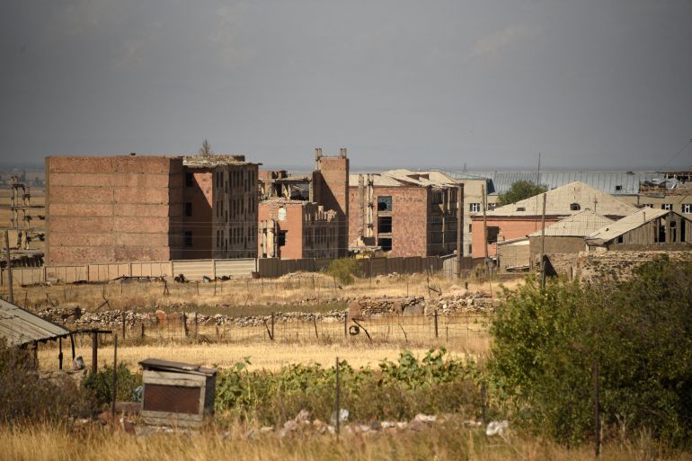 Low-rise apartment blocks and other buildings in the settlement of Sotk, which Armenia says was hit by shelling