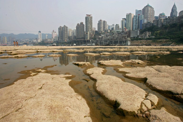 A mostly-dry riverbed in drought conditions in China.