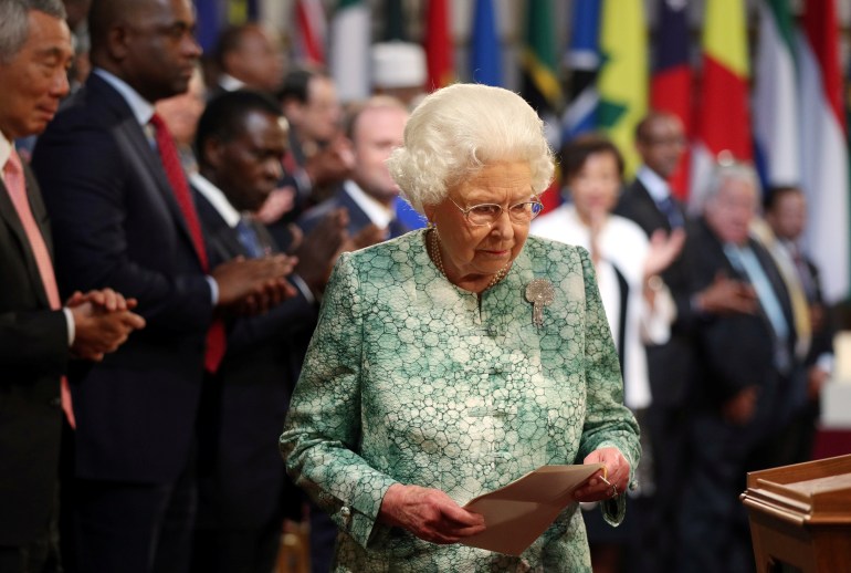 Britain's Queen Elizabeth prepares to deliver a speech at the formal opening of the Commonwealth Heads of Government Meeting in the ballroom at Buckingham Palace in London, Britain, April 19, 2018.