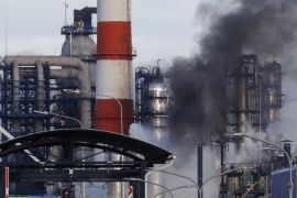 Smoke billows from a fire at oil refinery, owned by Russian oil producer Gazprom Neft, in Moscow, Russia
